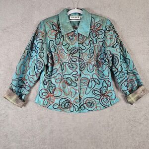 Anage Teal Beaded Soutache Embroidered Button Front Jacket Womens Small Art Wear